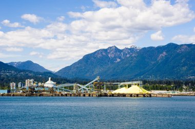VANCOUVER, BC, CANADA - MAYIS 08, 2019: Vancouver Limanının kuzey kıyısındaki sanayi liman tesisleri.