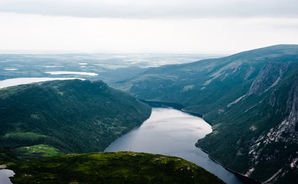 Inland fjord between steep cliffs against green landscape — Stock Photo, Image