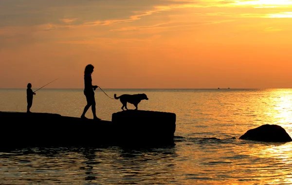 Tramonto sul lago Erie con Pescatore e Cane da Passeggio Donna — Foto Stock