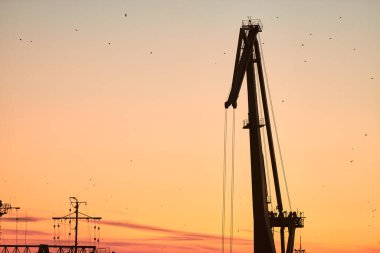 Gün batımı arka planında konteynır vinç silueti. Liman bölgesindeki manzara sanayi manzarası. Boşluğu kopyala