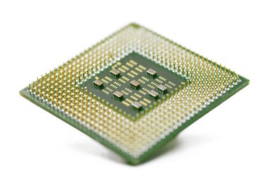 İşlemci, merkezi işlemci ünitesi, izole edilmiş arka plan. Bilgisayar için ana elektronik devre. Sığ DOF