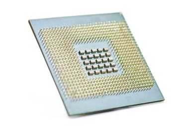 İşlemci, merkezi işlemci ünitesi, izole edilmiş arka plan. Bilgisayar için ana elektronik devre. Sığ DOF