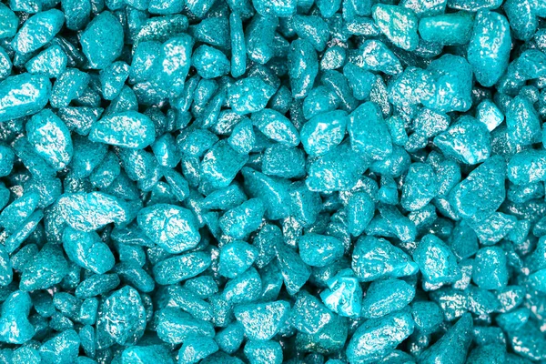 Turquoise gemstone fake pattern. Blue glitter stones for garden decoration, flat lay, top view background.