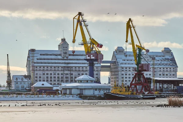 Moored cargo ships and harbor cranes in port. Seaport, cargo container yard, container ship terminal, shipyard. Business and commerce, logistics. Winter industrial scene.