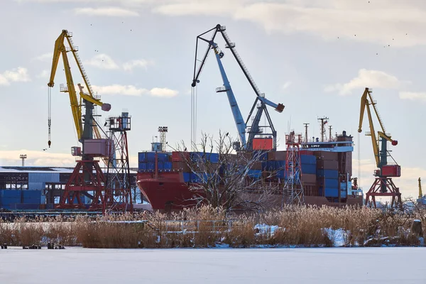 Moored cargo ships and harbor cranes in port. Seaport, cargo container yard, container ship terminal, shipyard. Business and commerce, logistics. Winter industrial scene.