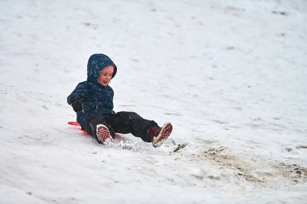 Moscow 2021 Cheerful Little Girl Blue Jacket Rolling Hill Red — Stock Photo, Image