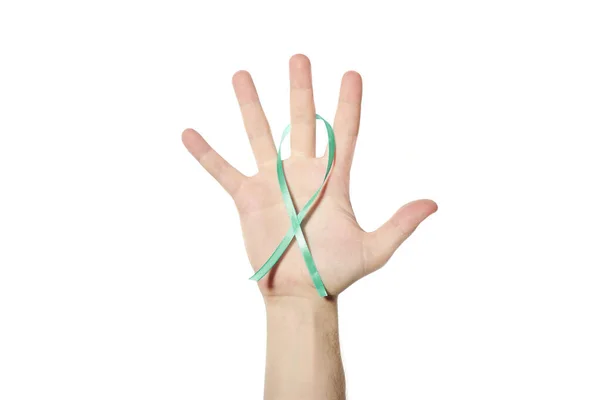 Зелена Стрічка Обізнаності Руці Символ Психічного Здоров Хвороби Лайма Або — стокове фото