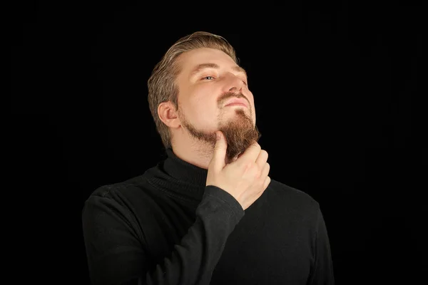 Hombre Barbudo Reflexivo Retrato Perfil Medio Fondo Negro Joven Con — Foto de Stock