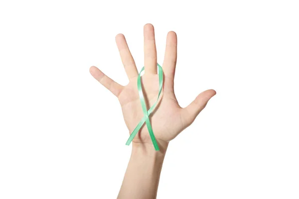 Green Awareness Ribbon Hand Symbol Mental Health Lyme Disease Kidney — Stock Photo, Image