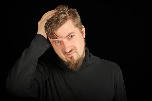 Exhausted Bearded Man Portrait Headache Black Background Overworking Head Pain — Stock Photo, Image