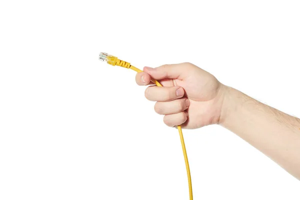 Kabel Lan Ethernet Ręku Żółty Przewód Skręcany Rj45 Sieci Komputerowej — Zdjęcie stockowe