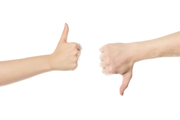 Αντίχειρας Πάνω Και Αντίχειρας Κάτω Χέρια Διαφορετική Χειρονομία Απομονώνονται Λευκό — Φωτογραφία Αρχείου