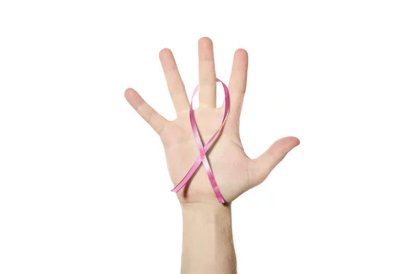 Ροζ Κορδέλα Ευαισθητοποίησης Στο Χέρι Σύμβολο Του Καρκίνου Του Μαστού — Φωτογραφία Αρχείου