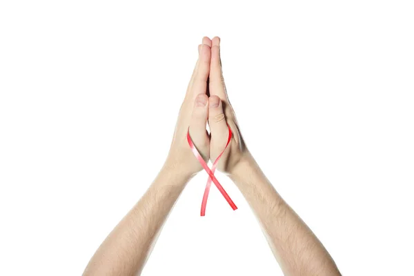 Rött Medvetandeband Handen Symbol För Hiv Aids Missbruk Eller Hjärtsjukdom — Stockfoto