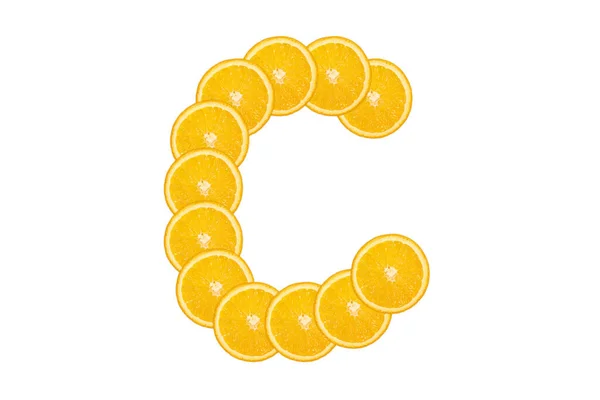Aufgeschnittenes Orangefarbenes Alphabet Buchstabe Isolierter Weißer Hintergrund Frische Gesunde Orangenfrüchte — Stockfoto