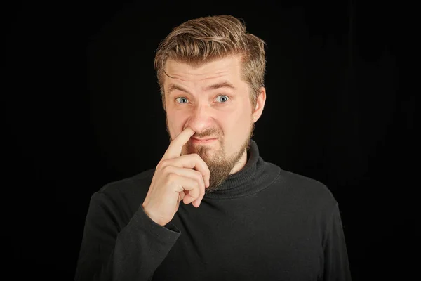 Funny Bearded Man Picking His Nose Black Background Young Guy — Stock Photo, Image