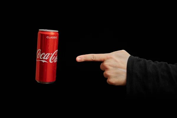 Russia March 2021 Hand Points Coca Cola Can Black Background — 스톡 사진