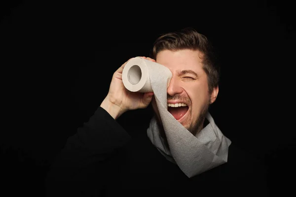 Man Looking Toilet Paper Roll Funny Bearded Guy Black Background — Stock Photo, Image