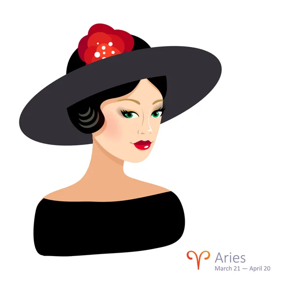 Hermosa chica con sombrero - aries . — Vector de stock