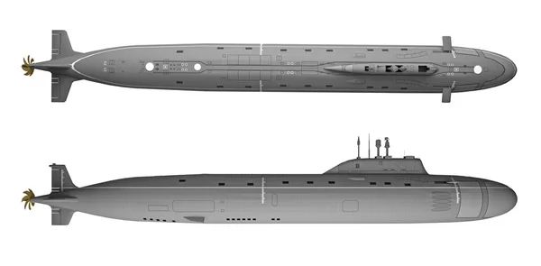 Submarino de renderizado 3D. vista superior y un lado —  Fotos de Stock