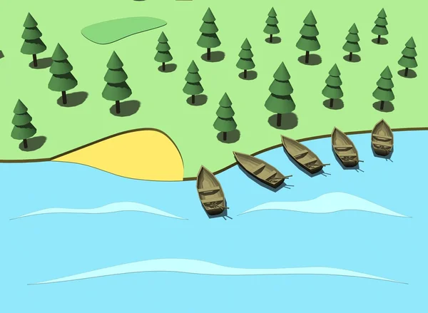 Узбережжя з човнами. Мультфільм, 3D ілюстрація — стокове фото