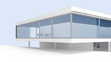 Modern minimalist beyaz villanın dış yüzeyi kapanıyor. 3d oluşturma