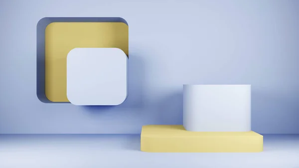 青い壁と台座の丸みを帯びた角を持つ黄色の正方形 — ストック写真
