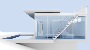 Modern minimalist beyaz bina. Dış yüzeyinde kopya alan ve yüzme havuzu var. 3d oluşturma