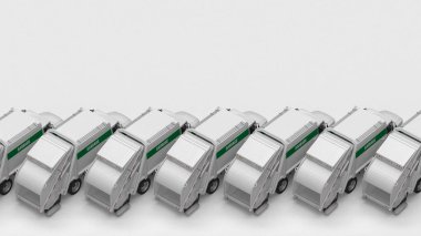 Kopya alanı olan çöp kamyonları dizisi. 3d oluşturma