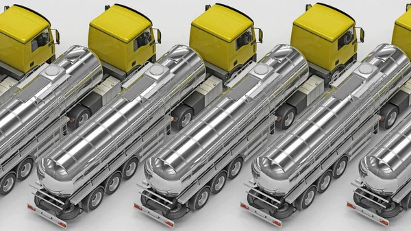 row of trucks with silver cester trailer above view. 3d rendering