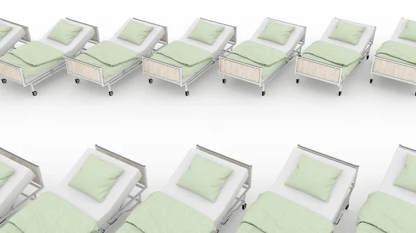 row of hospital beds with copy space. 3d rendering