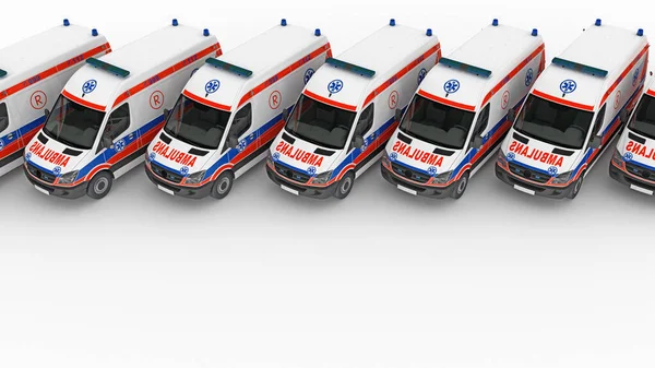 Fila Coches Ambulancias Con Espacio Para Copias Renderizado —  Fotos de Stock