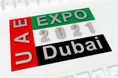 Mesaj fuarı 2021 BAE Dubai ile bayrak. 3d oluşturma