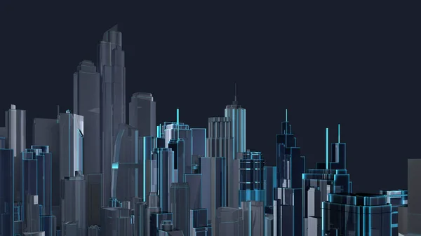 摩天大楼的黑暗而透明的城市景观 3D渲染 — 图库照片