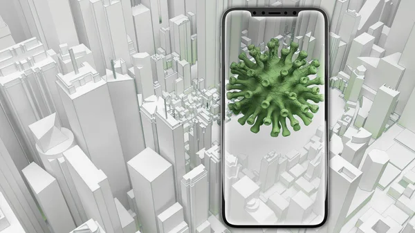 Concept Détection Coronavirus Ville Aide Smartphone Rendu — Photo