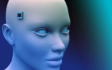 head of woman with an electronic chip on her temples. 3d rendering