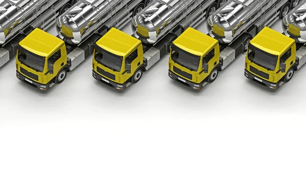 row of trucks with silver cester trailer above view and copy space. 3d rendering