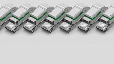 Üstünde kopya alanı olan çöp kamyonları. 3d oluşturma