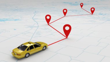 Haritada bir taksi rotası oluşturma kavramı. 3d oluşturma