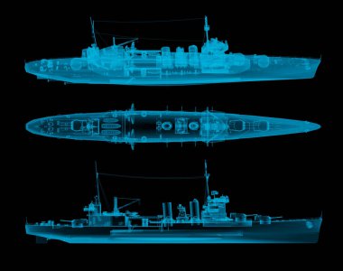 Savaş gemisi X-ray 'in üstünde ve yan görüntüsünde. 3d oluşturma
