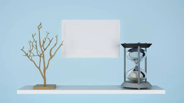 砂時計と写真の枠で棚 3Dレンダリング — ストック写真