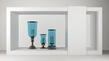 Farklı şekillerde cam bardaklarda mumlar. 3d oluşturma