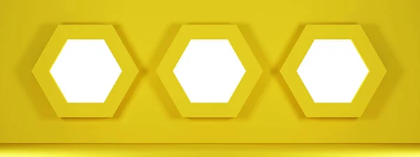 Paroi Jaune Avec Trois Cellules Hexagonales Rendu — Photo