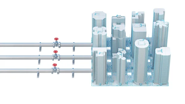 Koncepcja Podłączenia Rur Zaworami Miasta Renderowanie — Zdjęcie stockowe