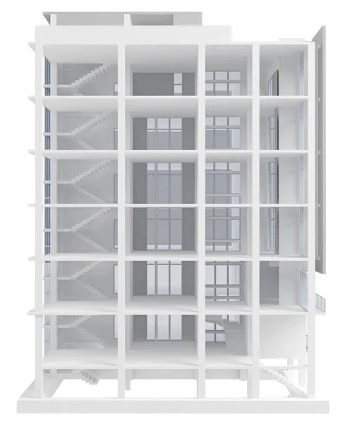 现代六层楼建筑被白色隔离 3D渲染 — 图库照片