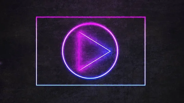 neon video player icon on black concrete wall. 3d rendering