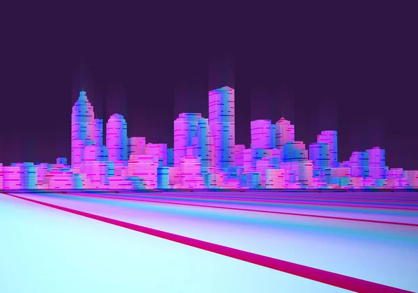 Noche Neón Cyberpunk Paisaje Urbano Renderizado — Foto de Stock