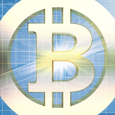 Altın Bitcoin tabelası renkli cam bina cephesi. 3d oluşturma