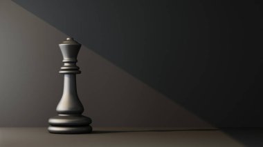 Siyah vezir satranç figürü bir ışık huzmesi tarafından aydınlatıldı. 3d oluşturma