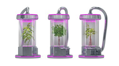 Beyaz bitkilerle izole edilmiş bilim kurgu matarası. 3d oluşturma